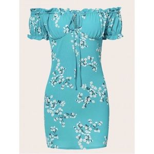 Beautiful Teal Floral off the shoulder Dress